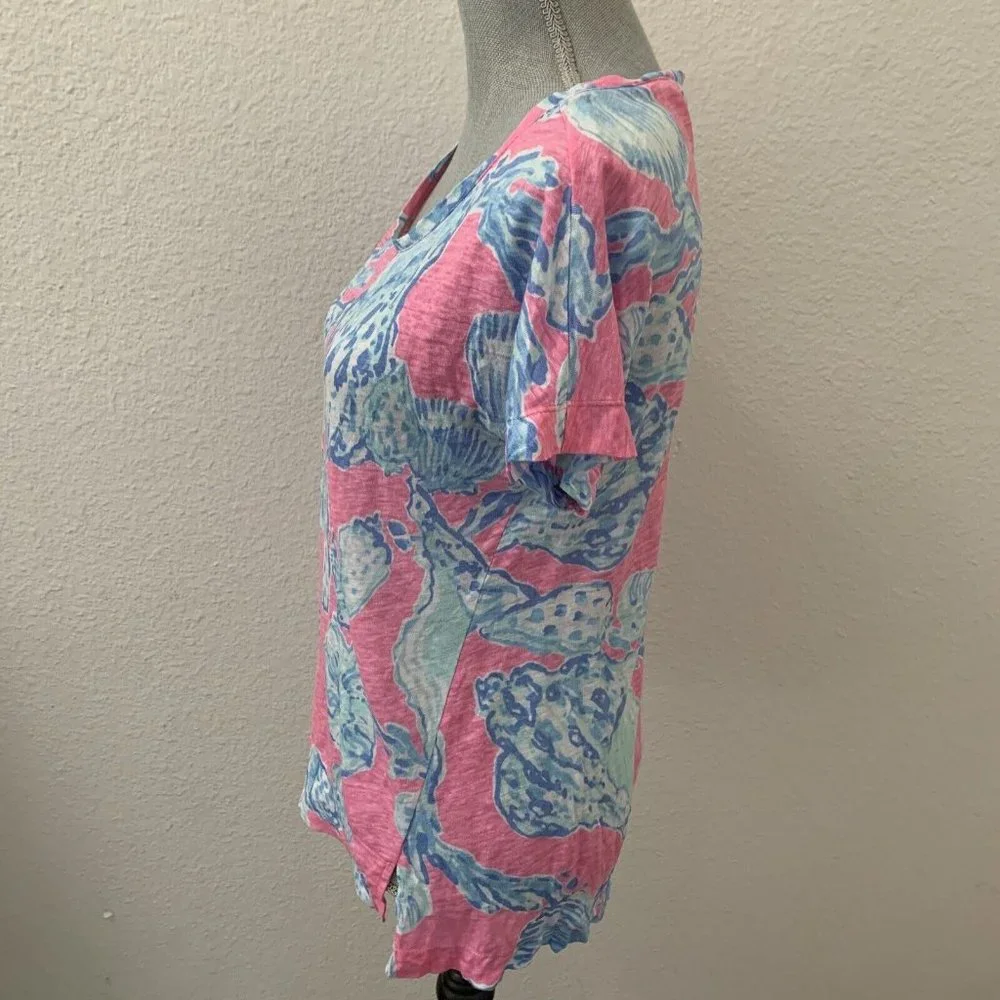 Lilly Pulitzer Mikela Top Pink Pout Barefoot Princess Blue SHELLS 100% Linen XS